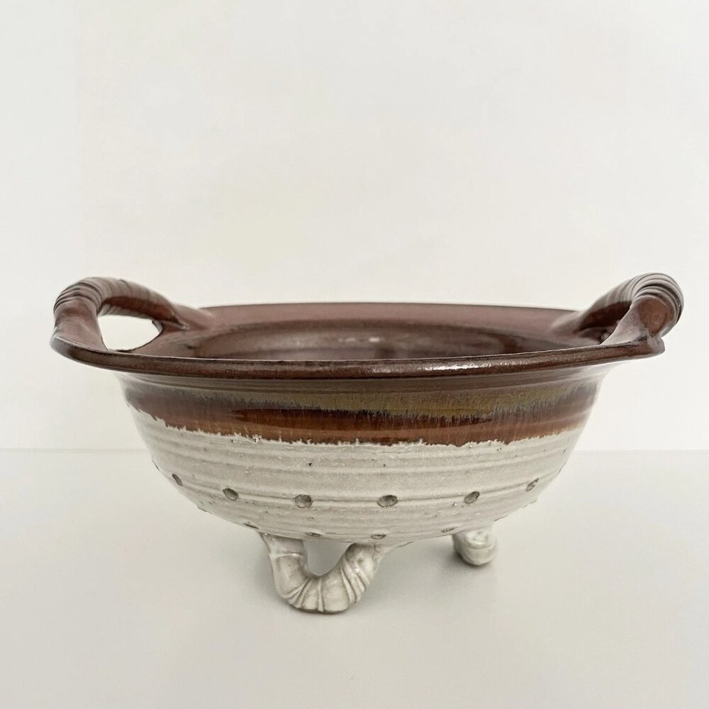 Handmade Ceramic Pottery Colander Strainer Bowl Brown Rustic Twist Handles Feet
